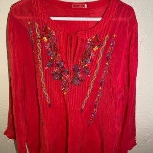 Johnny Was Vibrant Pink Embroidered Tie-Neck Tunic